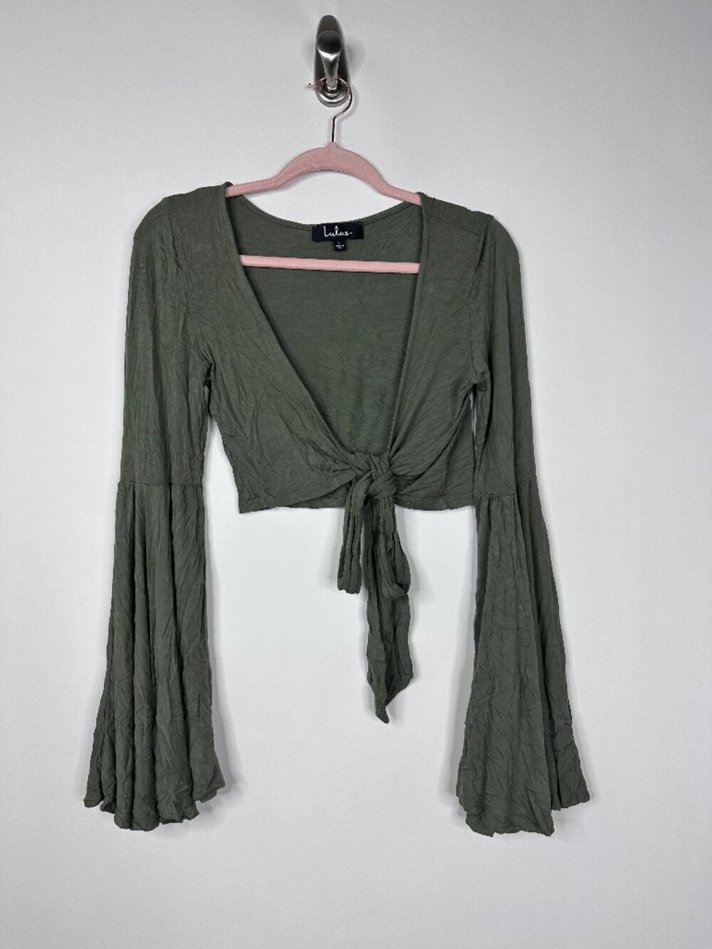 2/$30 Lulus Carefree Season Olive Green Tie-Front Long Sleeve Crop Top #A2613 - Picture 3 of 8